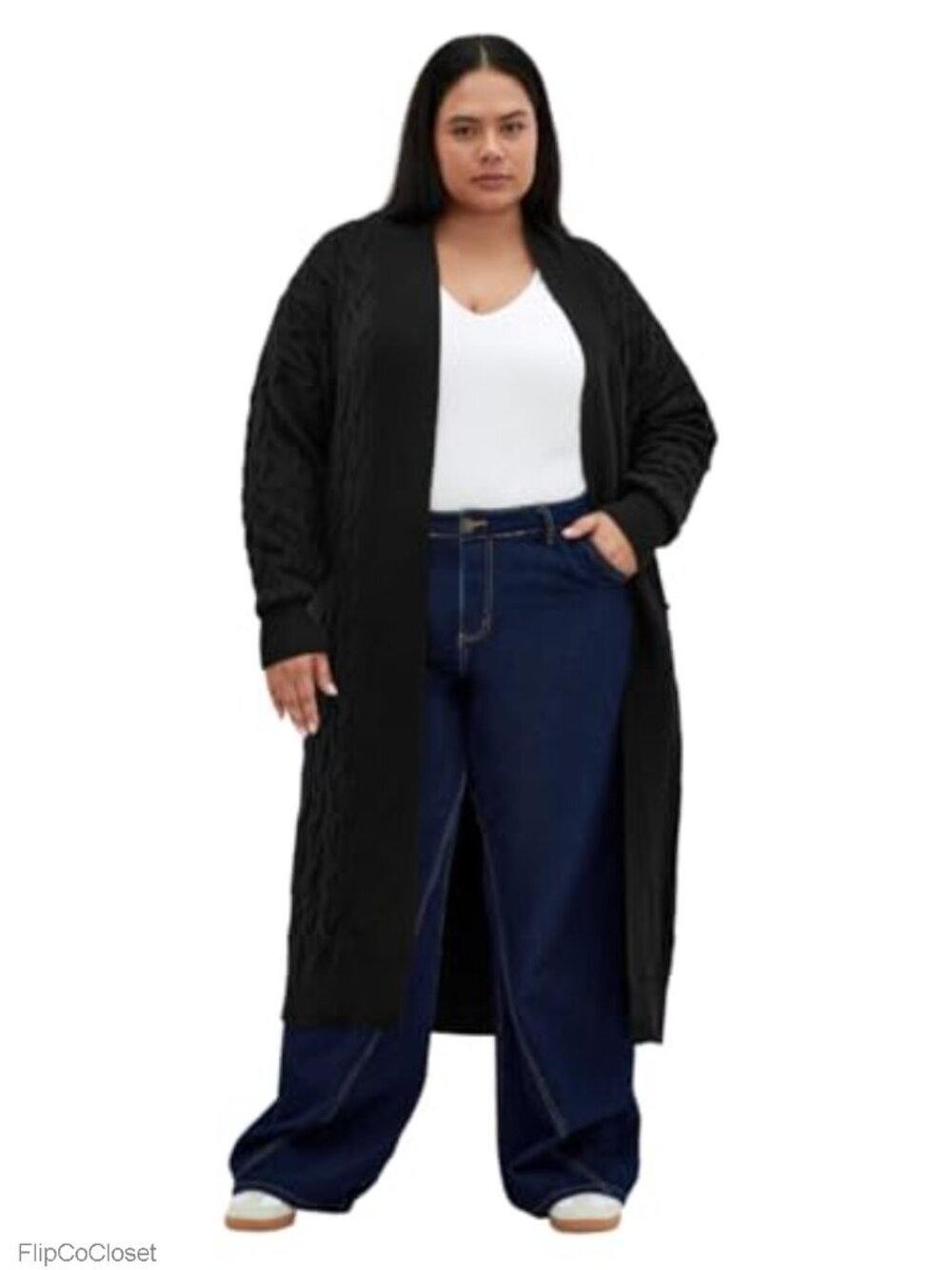 Women's Plus Size Cable Knit Longline Cardigan Open Front with Pockets